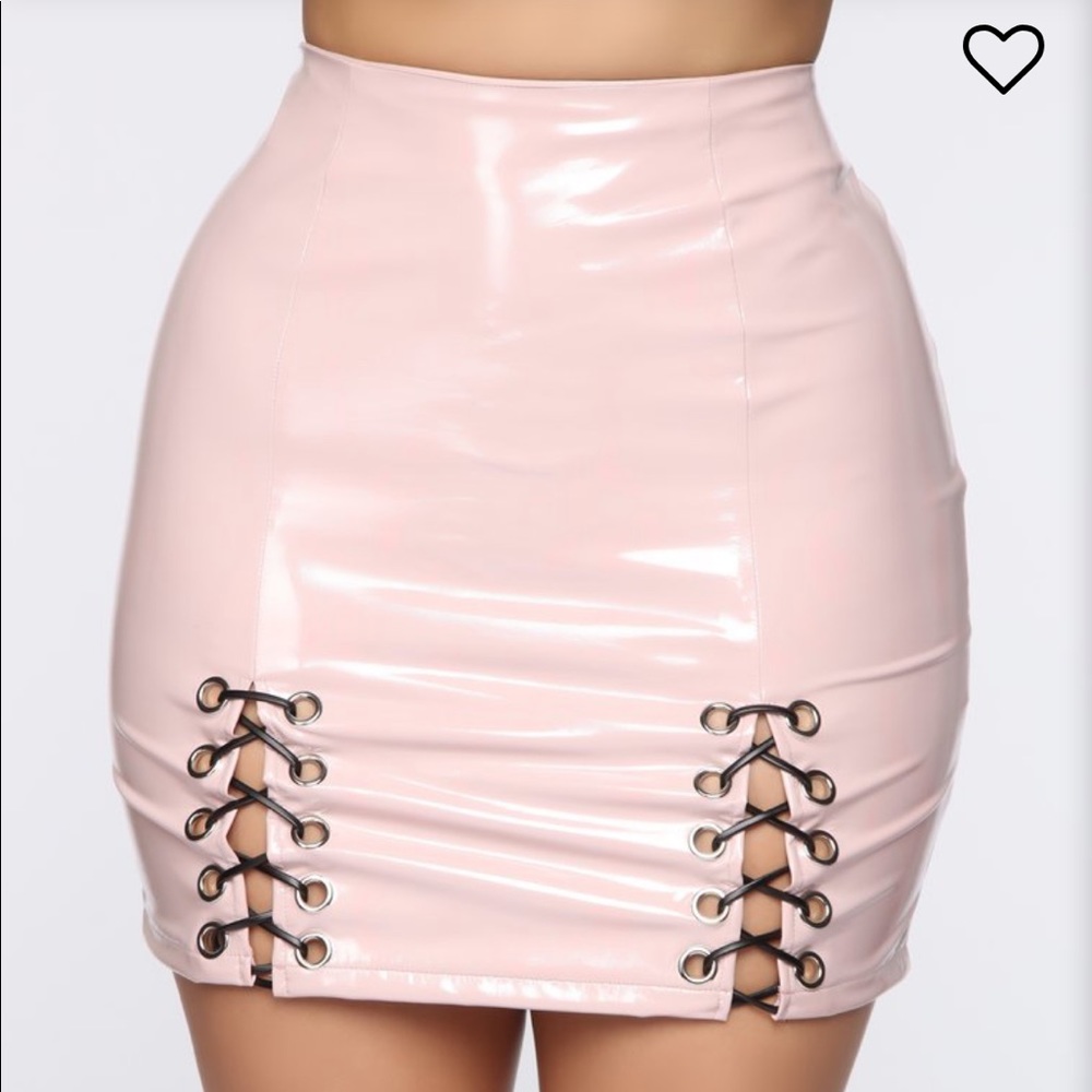 NWT Pink Lace up latex mini skirt with zipper